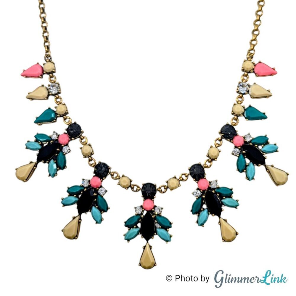 J Crew Floral Rhinestone Statement Bib Necklace Multicolor Gold Tone 18"